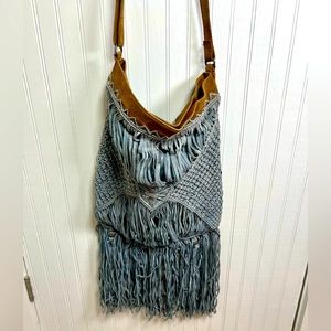 Women’s Free People Grey Fringe With Leather Strap Boho Cross Body Bag